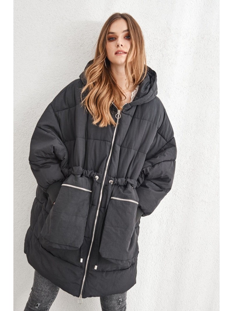 Warm oversize jacket with hood, black 1537 - Online store - Boutique